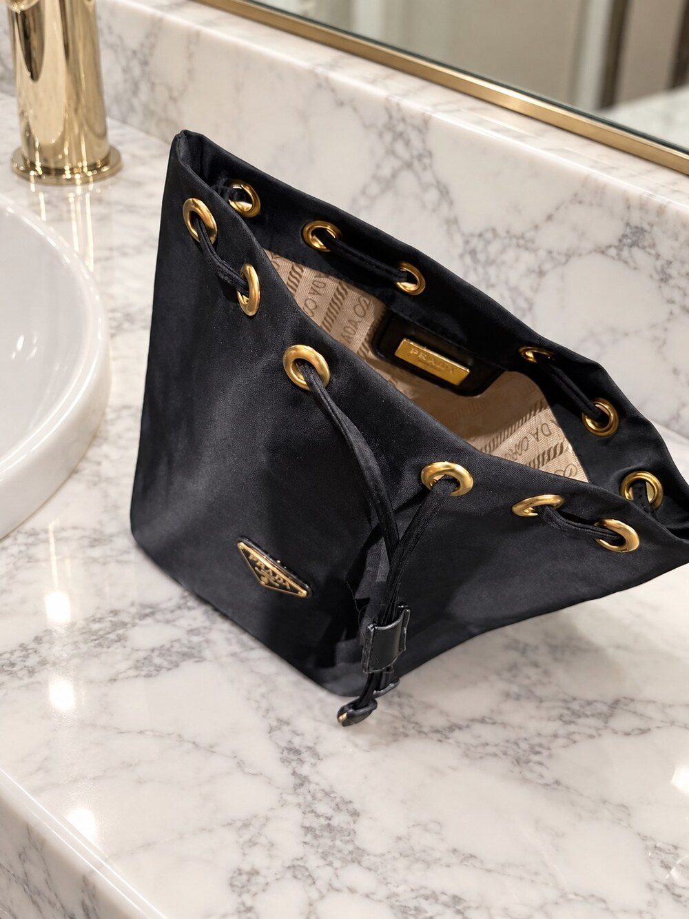 Prada Black Drawstring Makeup Bag | Gold-Tone Details - Picture 6 of 6
